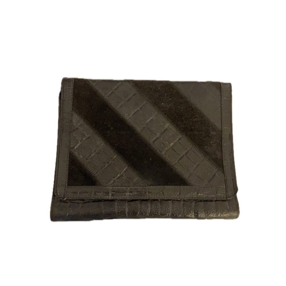 Genuine Leather Clutch‎ Wallet Made in Italy Black Croc Embossed Suede Stripe